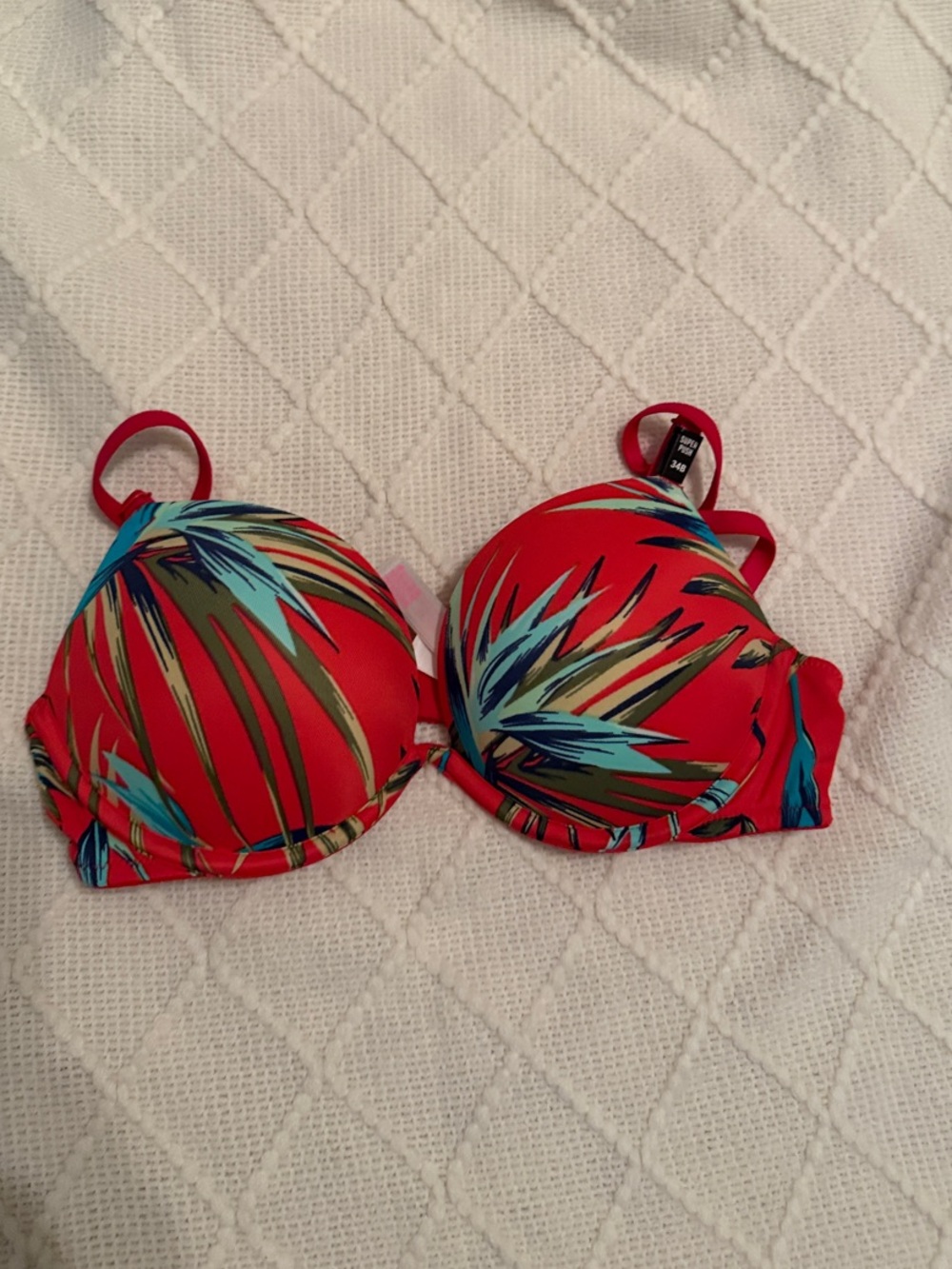 PINK Victoria's Secret Red Tropical Push-Up Bra with Blue & Green Leaf Print